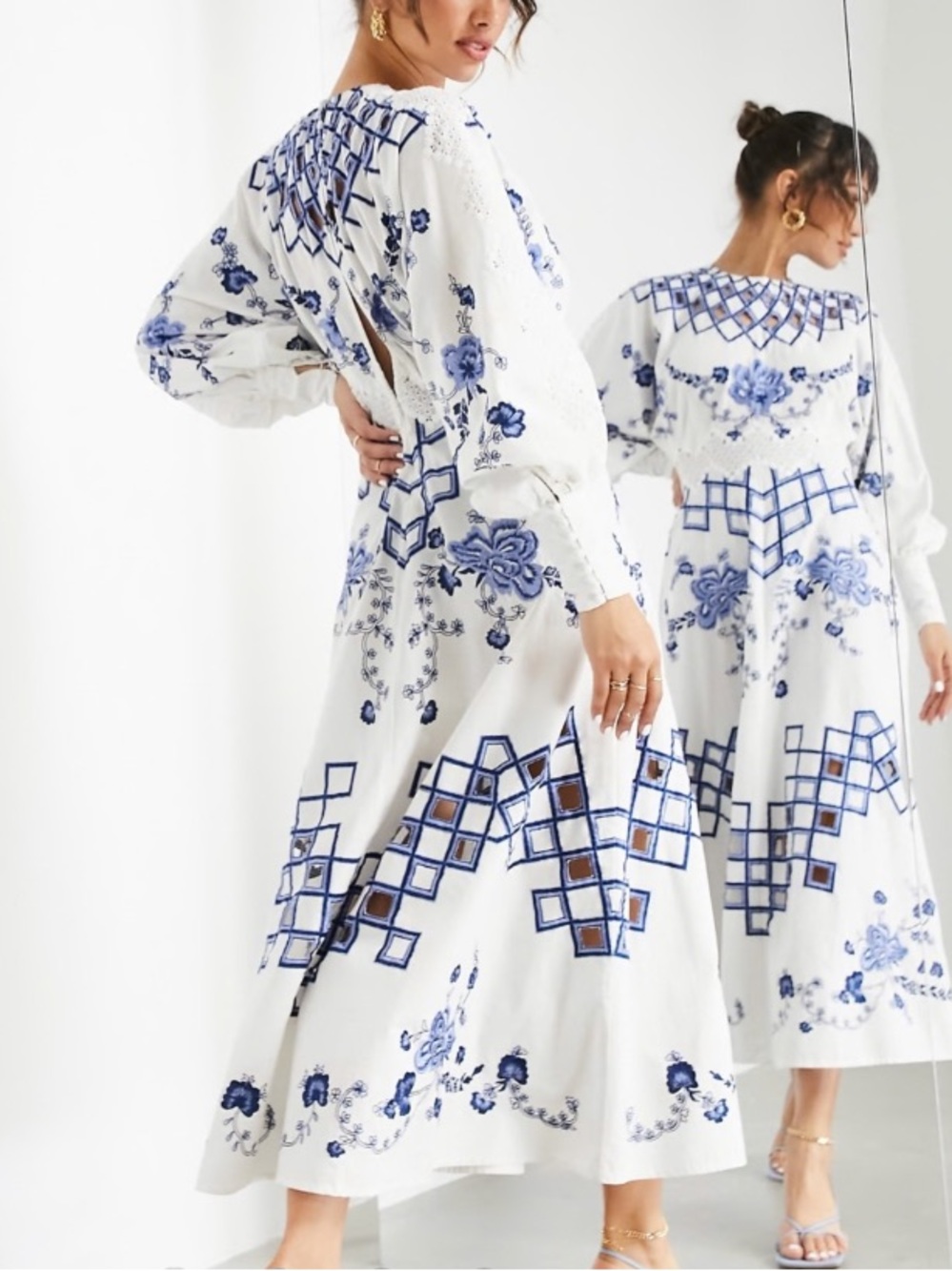 ASOS White & Blue Floral Embroidered Maxi Dress Preloved Size 4 Boho - Picture 2 of 9